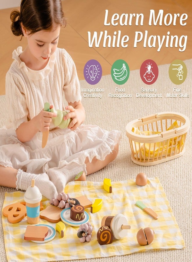 روبوتايم مجموعة طعام لعب خشبية من روبوتايم لمطبخ الأطفال، 14 قطعة من طعام اللعب، سلة نزهة للعب التخيلي مع فواكه وحلويات ومشروبات وأدوات، طعام مطبخ لعب للمرح في الداخل والخارج، مناسب للأطفال من عمر 3 سنوات فما فوق - Image 4